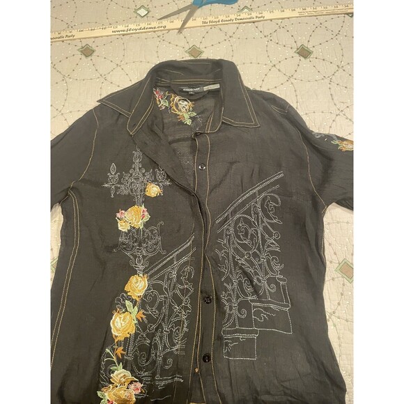 Como No? Rayon Silk Blend Black Velvet Embroidered Button Up Shirt, L - Picture 1 of 4